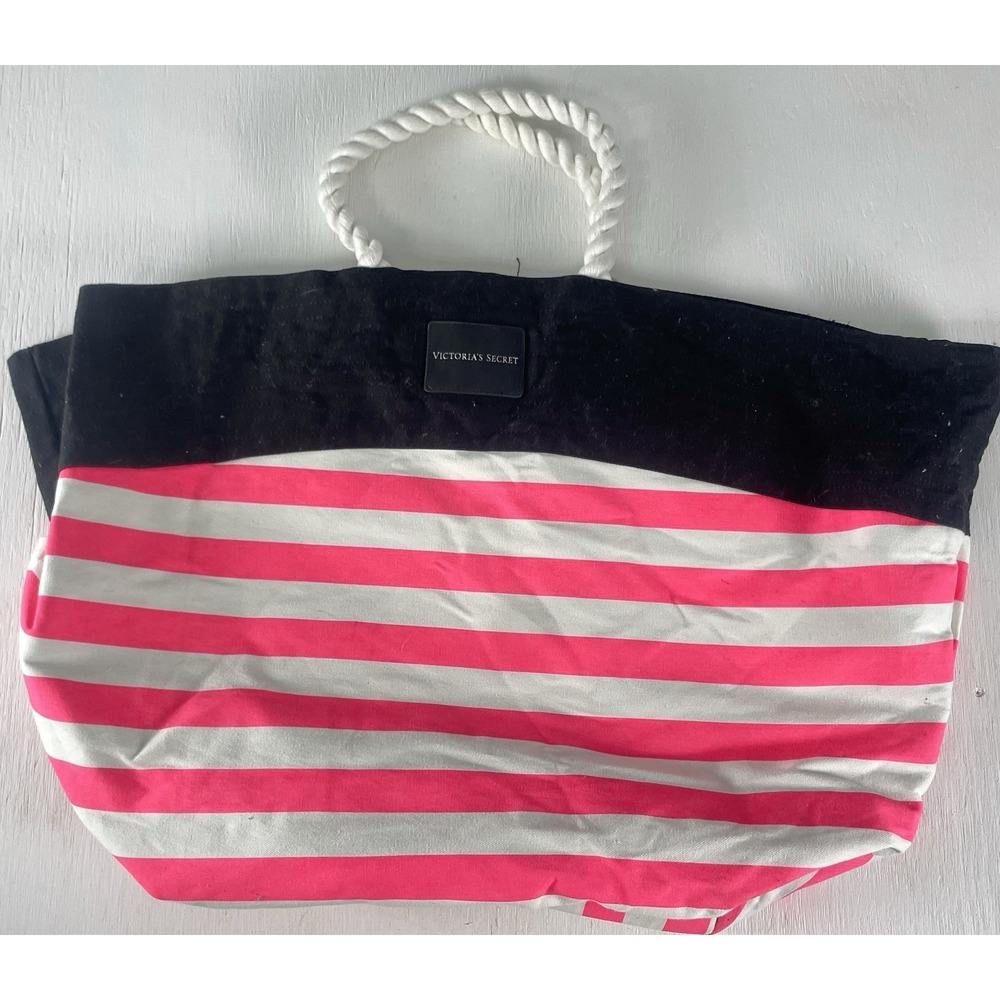 VICTORIA'S SECRET Pink Stripe Large Tote Bag Beach Over Night Canvas Y2K Rope
